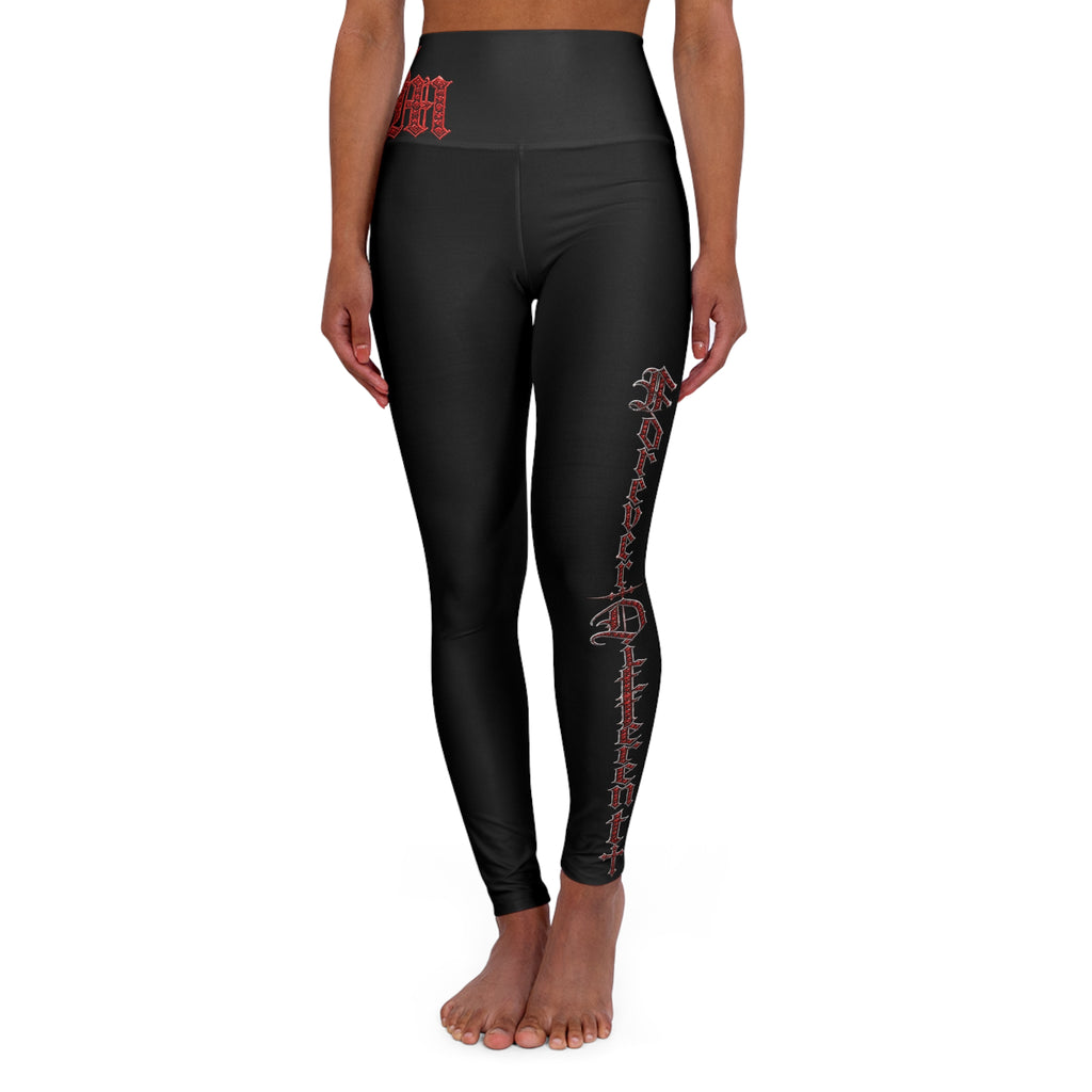 High-Waist Black Yoga Leggings with Gothic Script Side Print