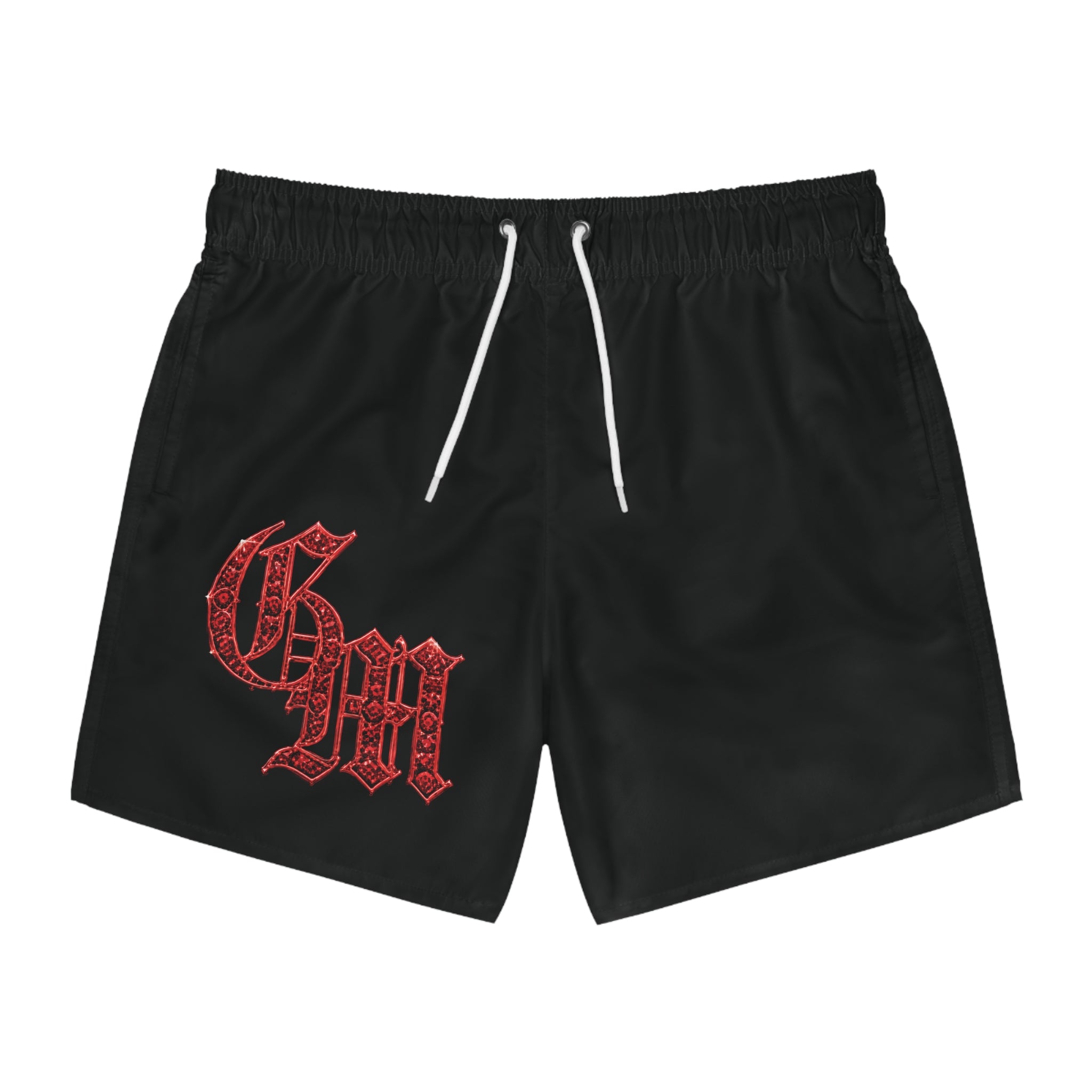 Black Swim Trunks with Red Gothic 'GM' Logo – Men's Beach Shorts