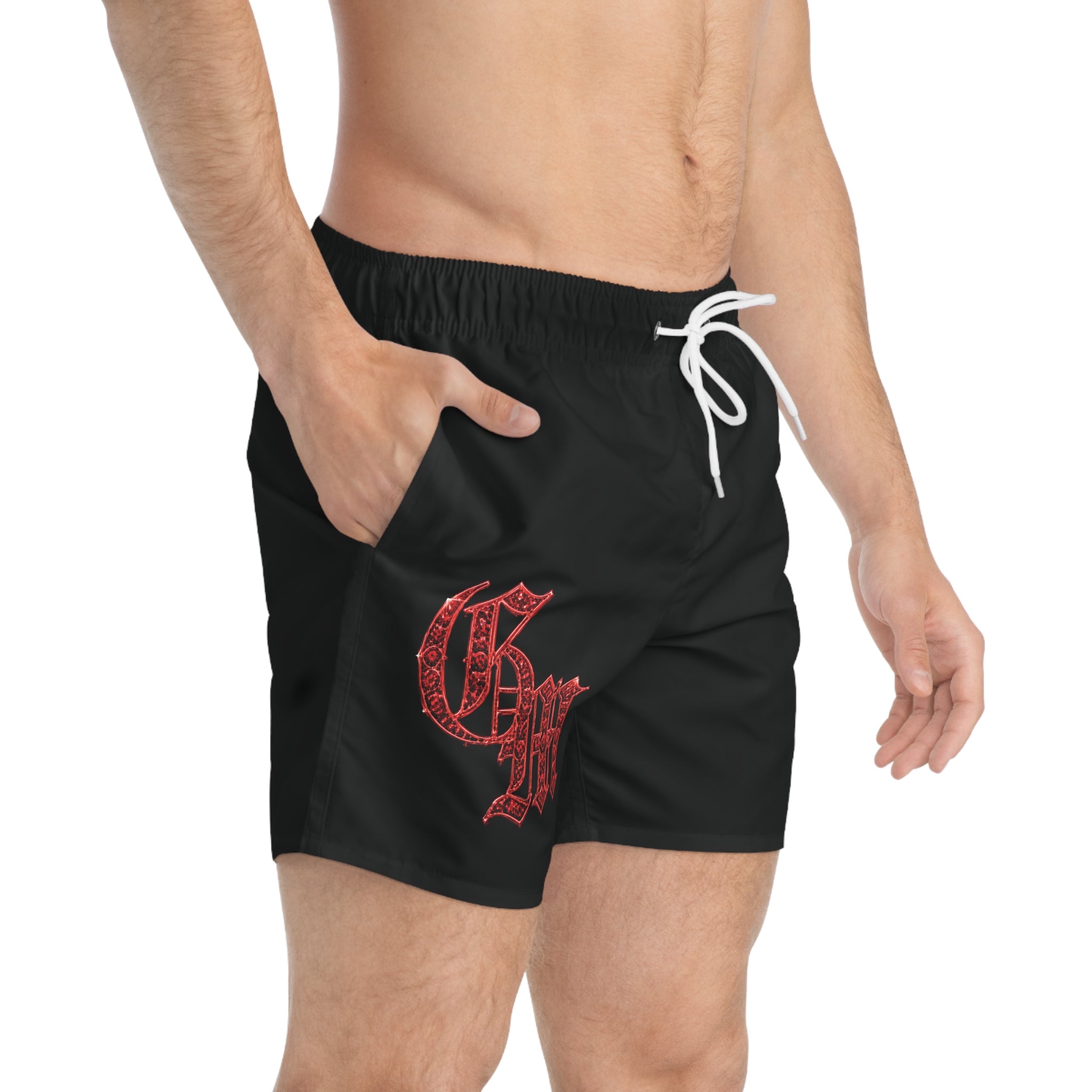 Black Swim Trunks with Red Gothic 'GM' Logo – Men's Beach Shorts