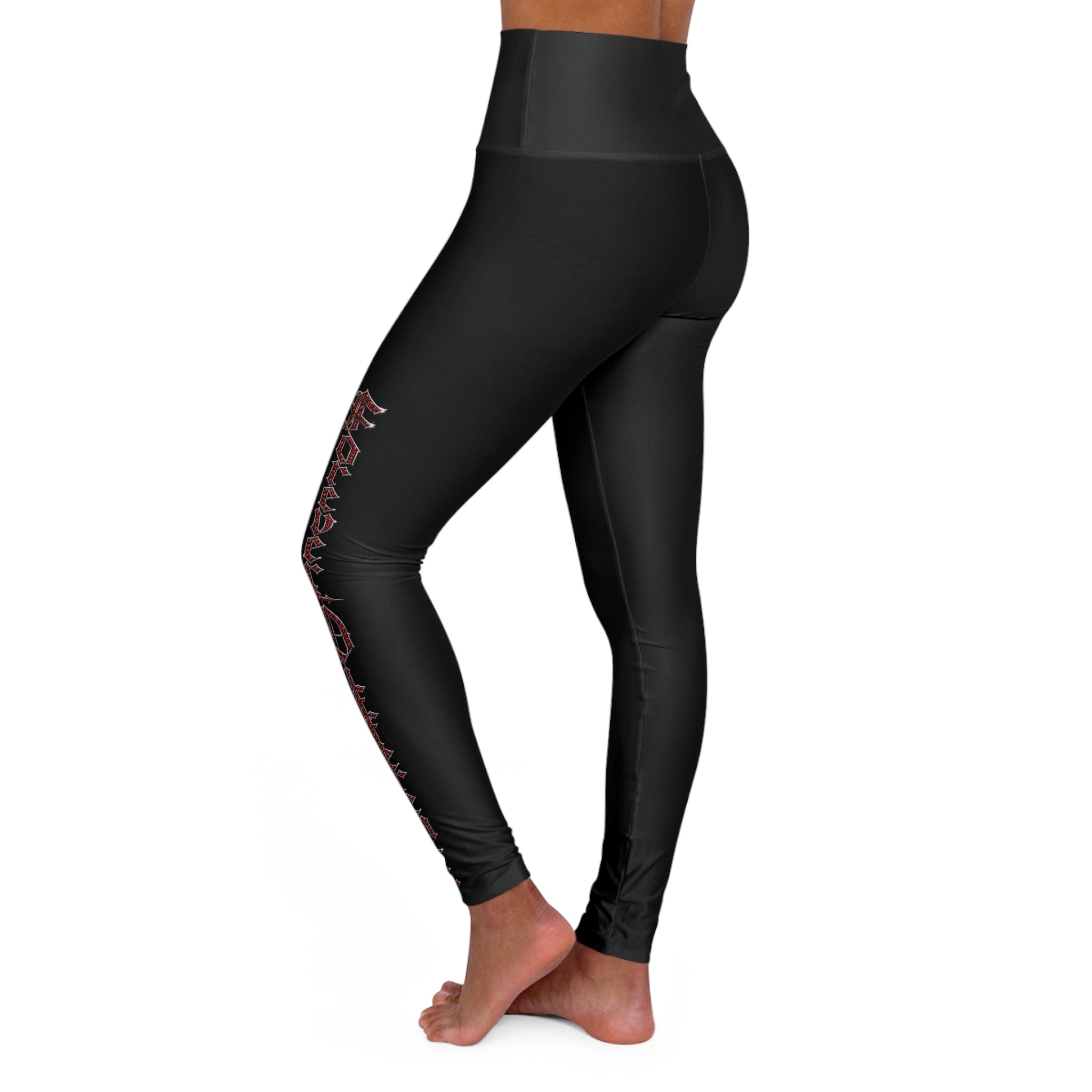 High-Waist Black Yoga Leggings with Gothic Script Side Print