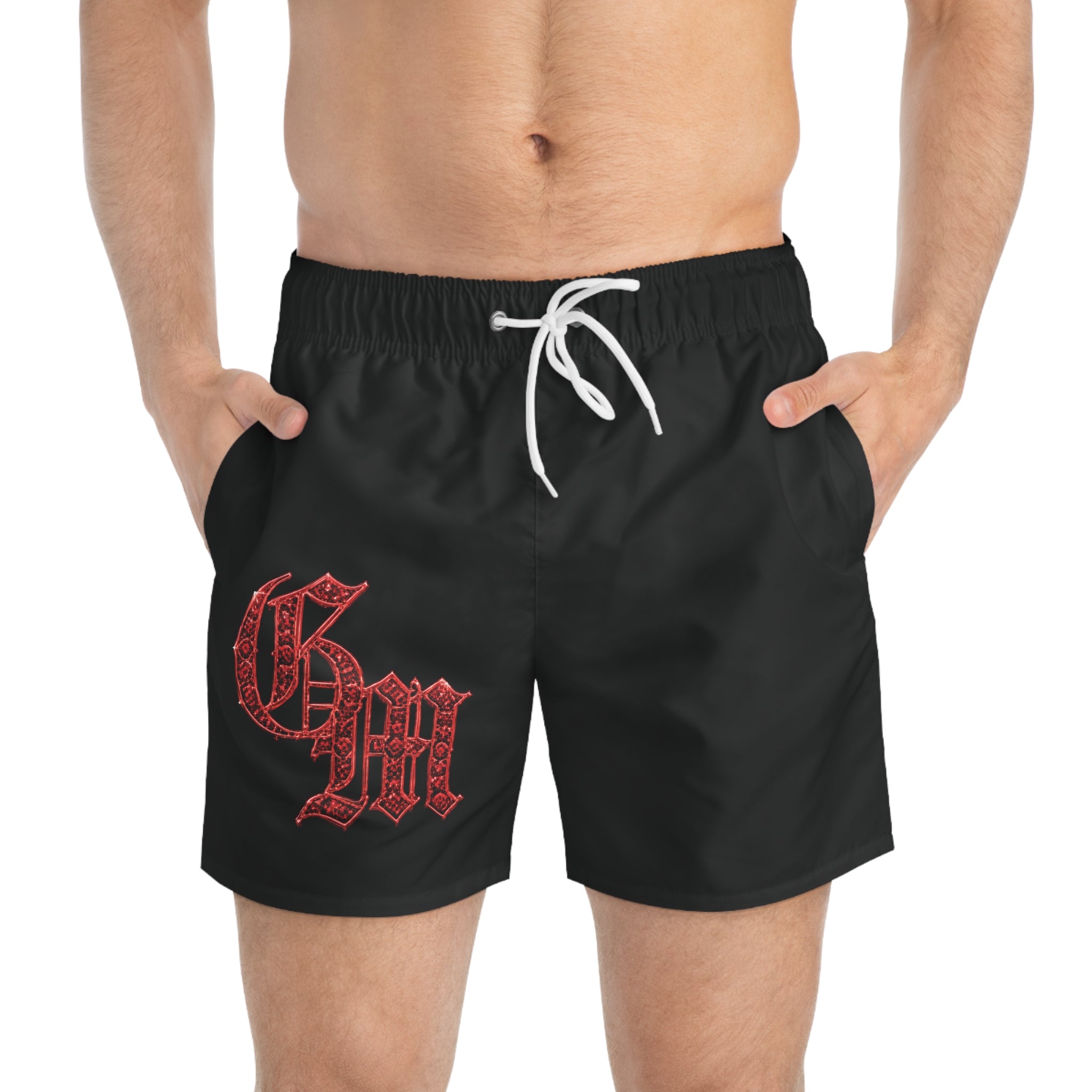 Black Swim Trunks with Red Gothic 'GM' Logo – Men's Beach Shorts